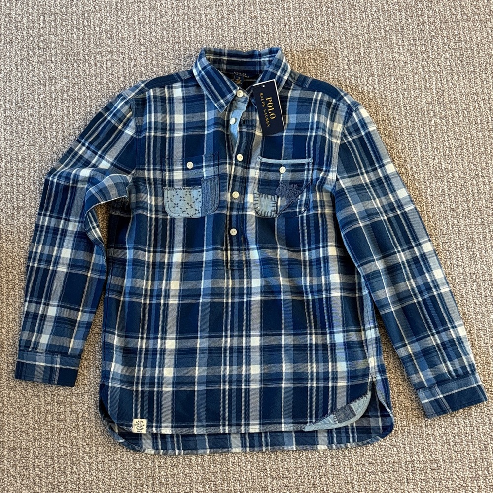 New Ralph Lauren Blue Denim Plaid Patch Quilted Shirts Top 10 16